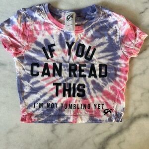 GK Girls Tie-Dye Crop tumbling Tee - Pink & Purple with Black Text